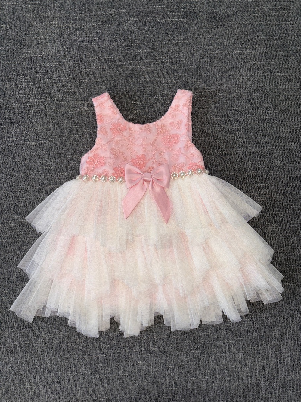 Pink and Ivory Tulle Bow Party Dress (Size 18 mo)